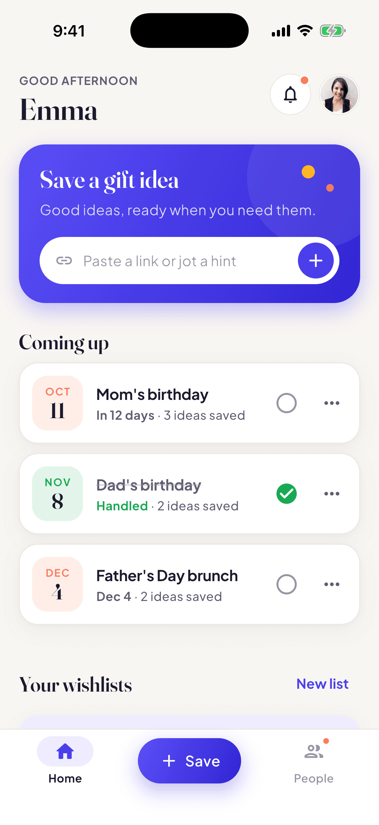 The Gifty home screen with your lists and upcoming occasions